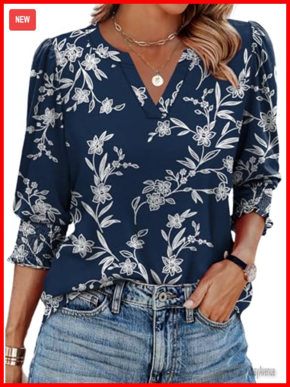 Women's Blouse 3/4 Sleeve V-Neck Smocked Cuff Dressy Casual
